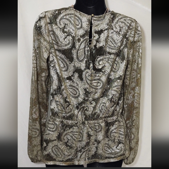 🏵️💚 MICHAEL KORS Women's Metallic Gold Paisley Long Sleeve Peplum Blouse - Picture 4 of 4